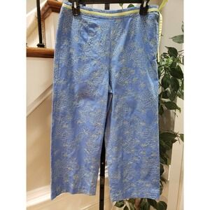 Talbots Embroidered Pineapple Flower Blue & Yellow Stretch Capri Pants Size 4